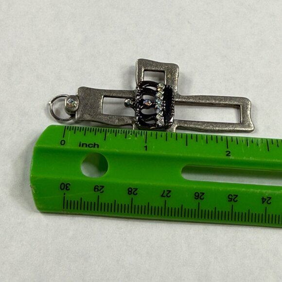 Silver Tone Metal Cross Pendant With Rhinestone Crown Embellishment for Necklace - Picture 2 of 15